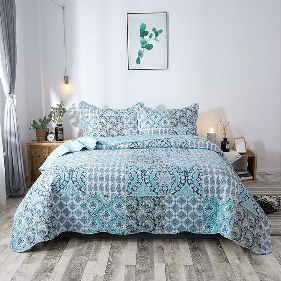 NEW! Beautiful Boho Teal and Navy Printed QUEEN Quilt Set Farmhouse Country - Picture 1 of 3